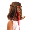 Rearview of a little girl in a white dress wearing a red flower crown on her brown hair. 