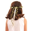 Vue arrière d'une fillette portant une robe blanche et une couronne de fleurs blanches dans ses cheveux bruns.