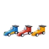 Three little baby toy race cars in wood, a red one, a blue one and a yellow onde.