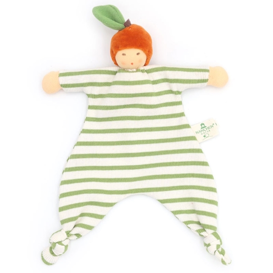 Nanchen blanket doll for babies with green stripes and orange hat.